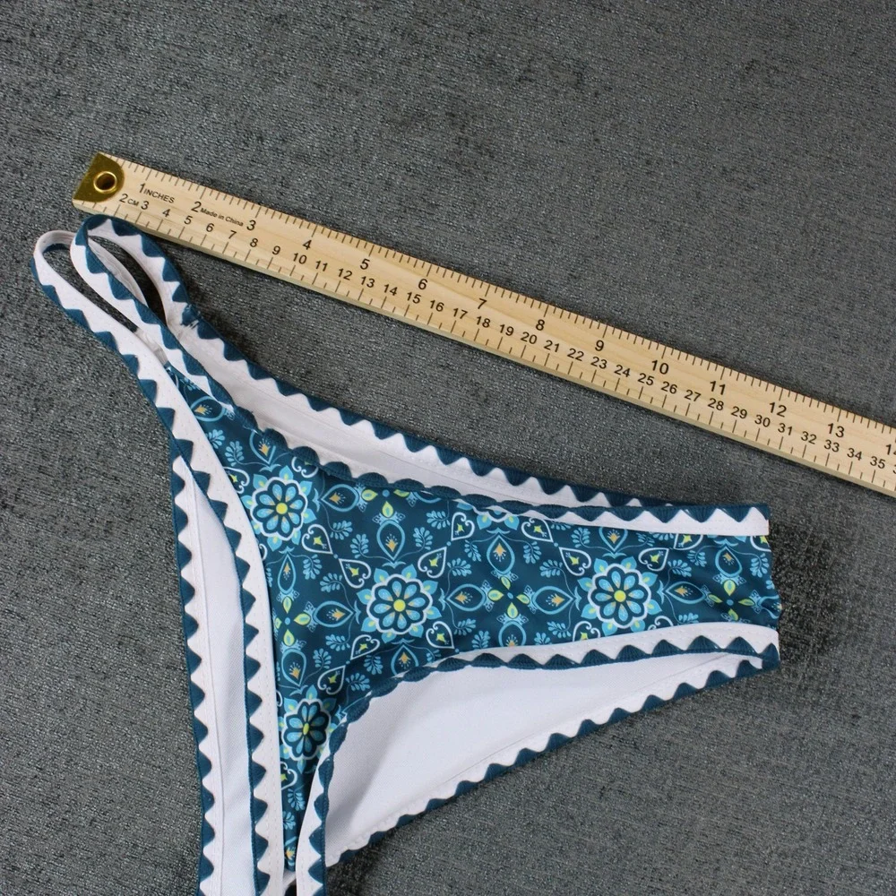 Blue Floral Mandala Ric Rac Trim Triangle Bikini Set High Cut Two Piece Swimsuit